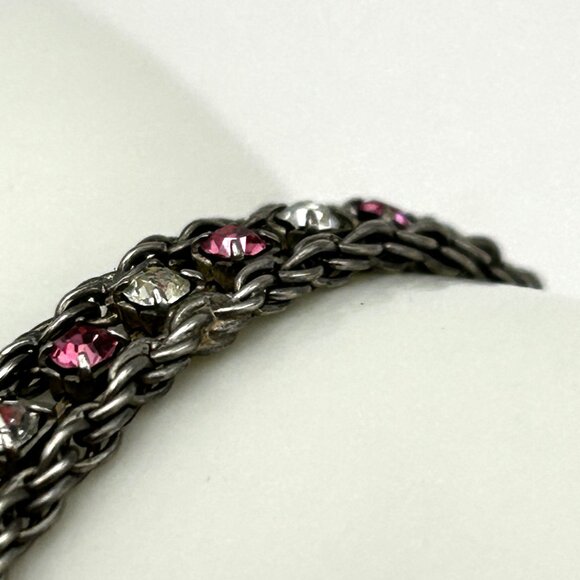 Vintage Sterling Silver 925 Rope Chain Bracelet Pink & Clear Rhinestones 7.25” - Picture 2 of 11